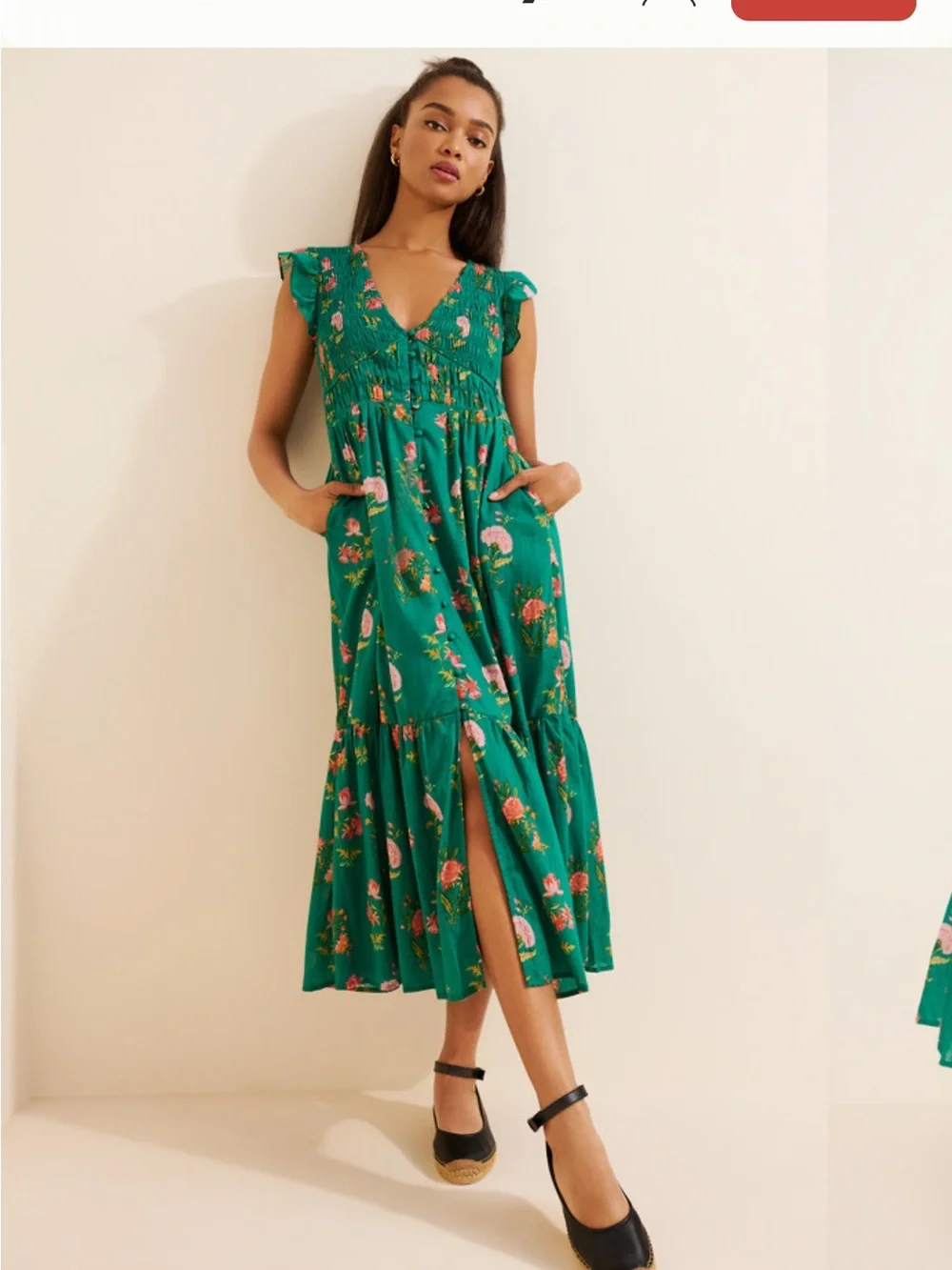Anthropologie Emerald Green Floral V-Neck Tiered Midi Dress